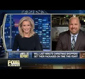 Split-screen Fox Business still from The Willis Report with Ken Wisnefski; banner asks whether last-minute Christmas shoppers will get their packages on time